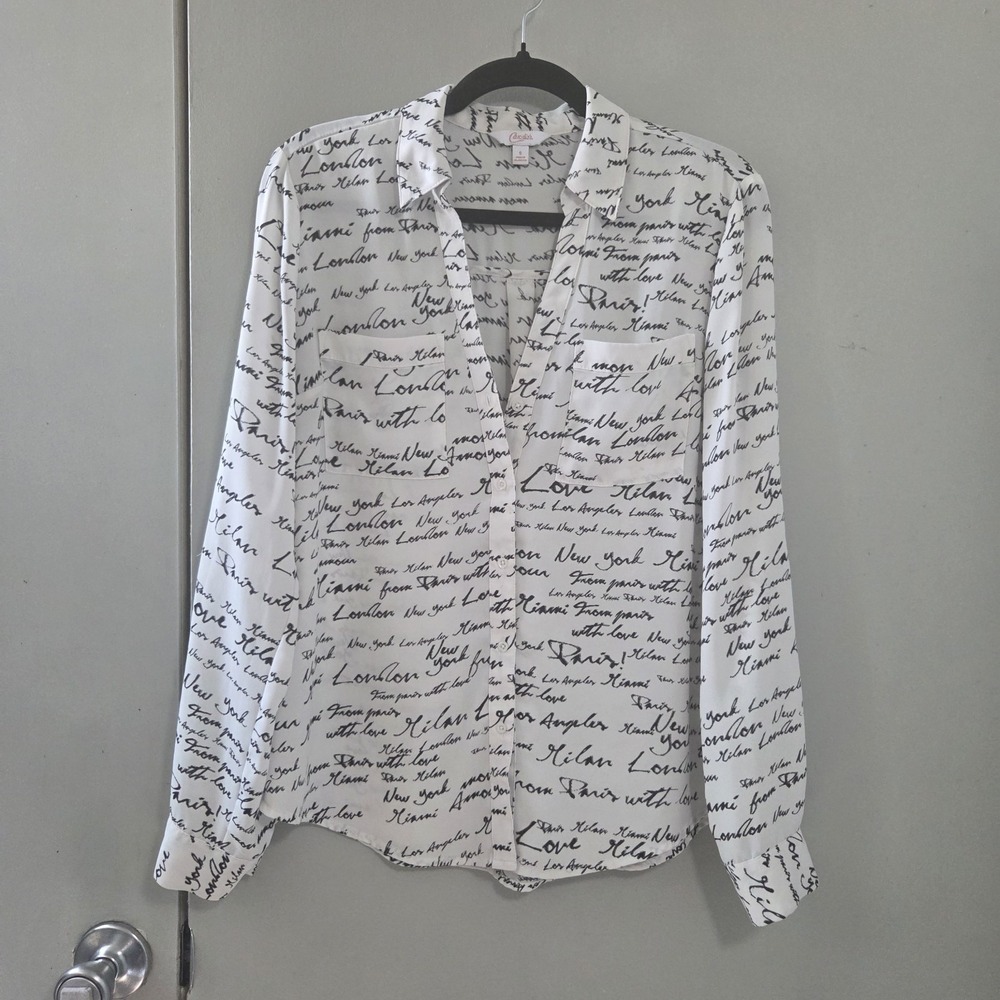 Candie's S Chiffon Blouse Paris New York LA Script Print Semi Sheer Y2K